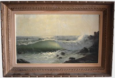 an oil painting of a wave breaking on a rocky shore