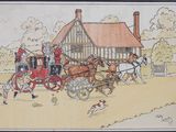 tableau représentant une calèche tirée par des chevaux, avec des personnes et des chiens devant une maison