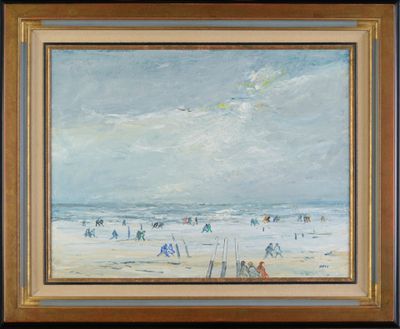 une peinture à l'huile représentant une scène de plage avec des personnes marchant sur le sable