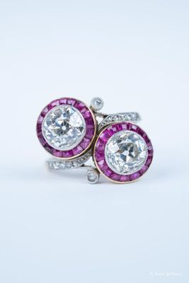 BAGUE "TOI & MOI" en or jaune 750 millièmes et platine 950 millièmes,  - Photo 1