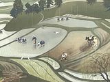 un tableau représentant un groupe de personnes faisant du vélo dans un parc