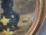 a painting of a blue vase with yellow flowers in it