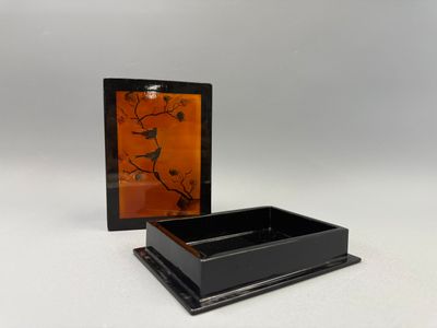 une image représentant une petite boîte noire sur laquelle figure un oiseau