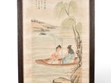 an image of a painting of two people in a boat on the water