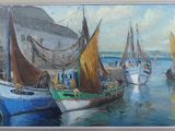 un tableau représentant des bateaux sur l'eau, près du rivage
