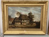 an oil painting of a farm scene with a thatched house in the background