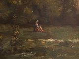 painting of a man and a dog in a wooded area