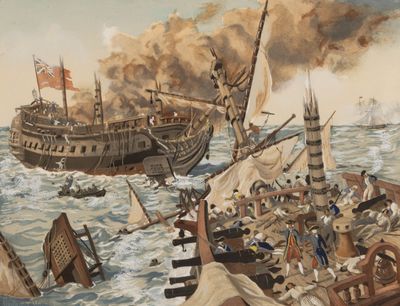 un tableau représentant un bateau sur l'eau, avec d'autres bateaux sur l'eau