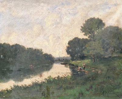 un tableau représentant une rivière où des gens pêchent