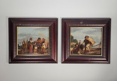 tableau représentant plusieurs tableaux accrochés au mur au-dessus d'un lit