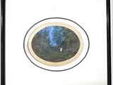 framed picture of a painting of a man and a dog in a wooded area