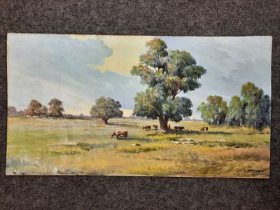 a painting of cows grazing in a field under a tree