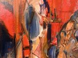 an oil painting of a man and a woman in a red room