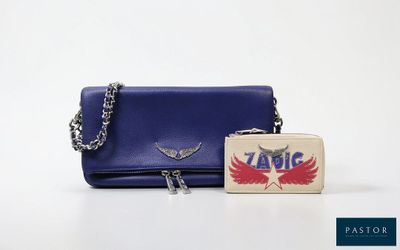 an image of a blue purse and a card case on a white surface