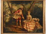 an oil painting of a man and woman in a wooded setting