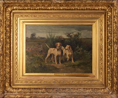 une peinture à l'huile représentant deux chiens dans un champ, près d'un arbre