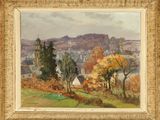 an image of a painting of a landscape with a church in the distance