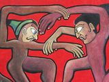 painting of two men fighting with each other on a red background