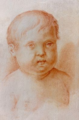 drawing of a baby ' s head in a brown and white background