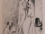 drawing of a woman standing in front of a man sitting on a bed