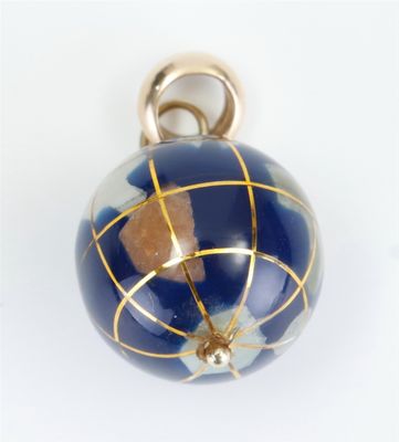 a blue and gold globe pendant on a white background