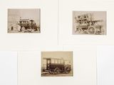 three old black and white photographs of a train and a horse drawn carriage