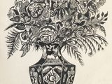 dessin représentant un vase rempli de fleurs posé sur une table