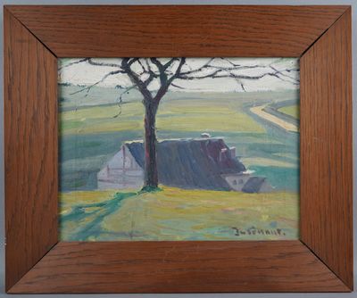 an oil painting of a tree and a barn in a field