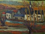 peinture représentant une maison et des arbres dans un champ