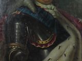 portrait of a man in armor with a white robe and a red cape