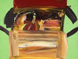 une peinture représentant un camion surmonté d'un toit rouge