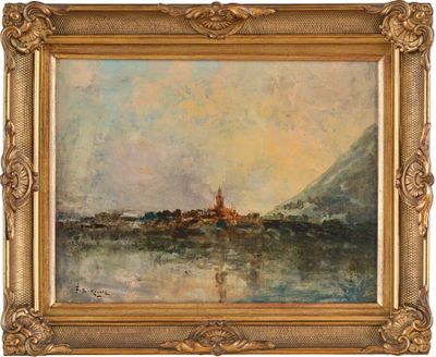 un tableau représentant un lac avec un château au loin
