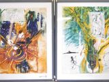 two paintings on the wall of a room one has a clock and the other has a picture of a tree