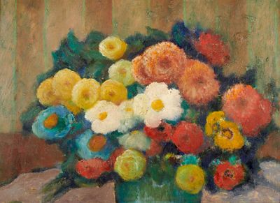 une peinture de fleurs dans un vase sur une table