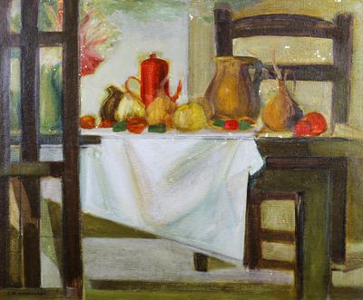 a painting of a table with a white table cloth on it