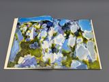 an open book with a painting of flowers on the pages