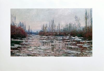 an image of a painting of a river with trees in the background