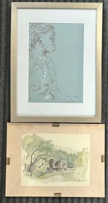 Deux pièces encadrées sous verre dont une aquarelle Scène hé…