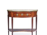 une image représentant une petite table avec un plateau en marbre et des tiroirs