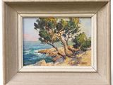 an image of a painting of a tree on a cliff by the ocean