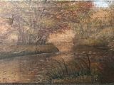 an oil painting of a river in a wooded area with trees in the background