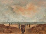 tableau représentant un groupe de personnes marchant sur une plage, avec le ciel en arrière-plan