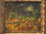 une peinture à l'huile représentant une rue de ville sous la pluie, avec un cheval et une calèche au premier plan