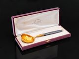 a gold spoon in a purple box on a black surface