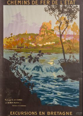 une image représentant une affiche sur laquelle figure une rivière, avec des arbres et une montagne en arrière-plan