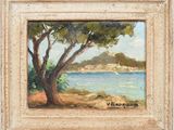 an oil painting of a tree by the water with a sailboat in the distance
