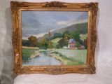 l'image d'un tableau représentant un paysage avec une rivière au premier plan