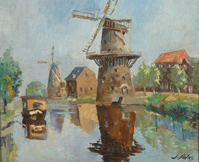 painting of a windmill on a river with boats in the foreground