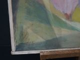 a picture of a painting on a easel with a black background