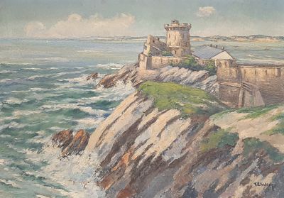 un tableau représentant un phare situé sur une falaise au bord de la mer